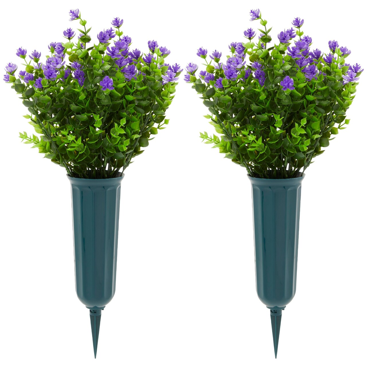 Purple Artificial Flowers for Cemetery with 2 Cone Vases, Small Bouquets for Grave Decorations (2.9 x 2.9 x 7 Inches, 6 Bundles)